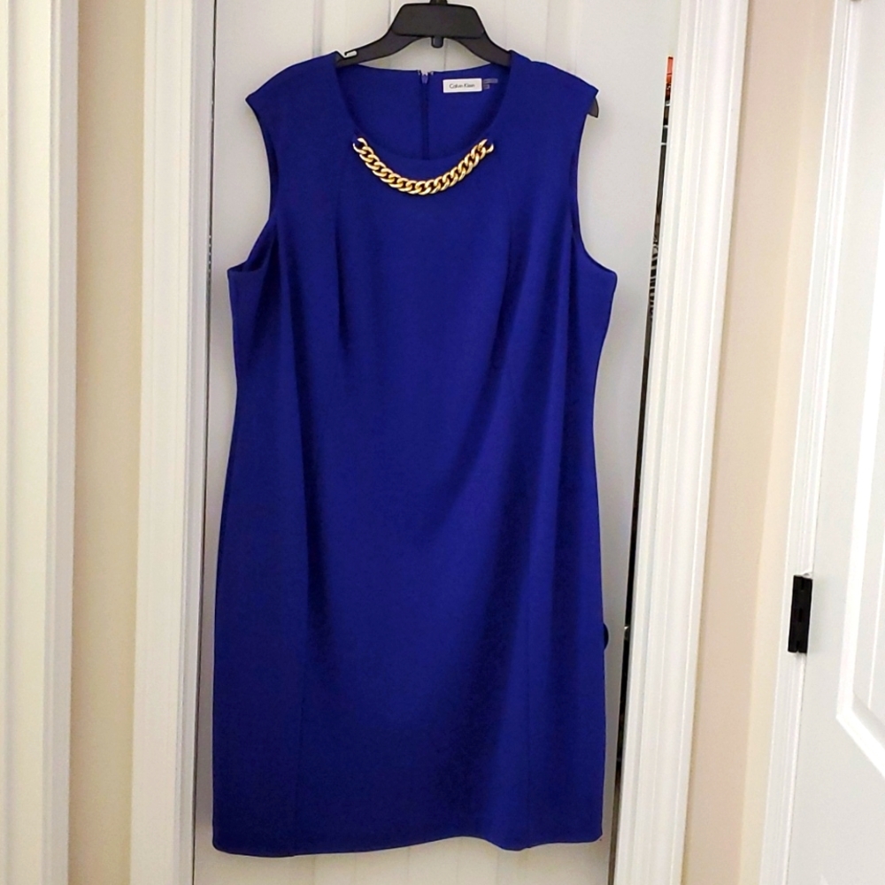 Calvin Klein Royal Blue Sleeveless Sheath Dress with Gold Chain Detail